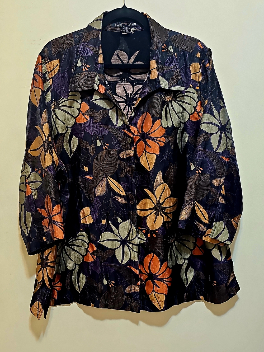 Scott Taylor Black Floral Button-Down Blouse with Orange & Sage Accents 2X